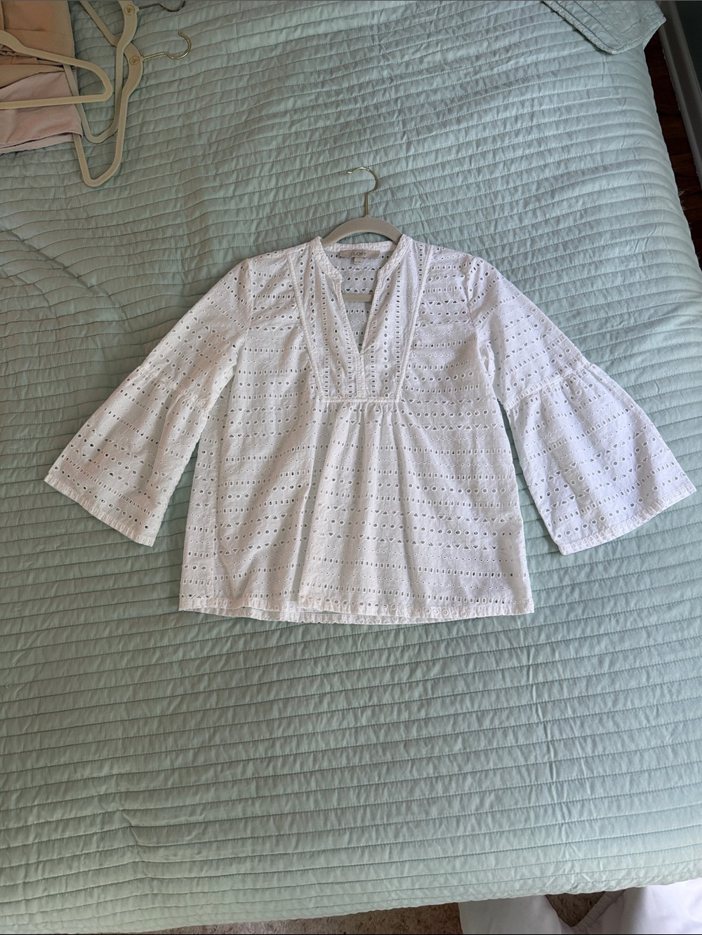 LOFT White Eyelet V-Neck Peasant Top